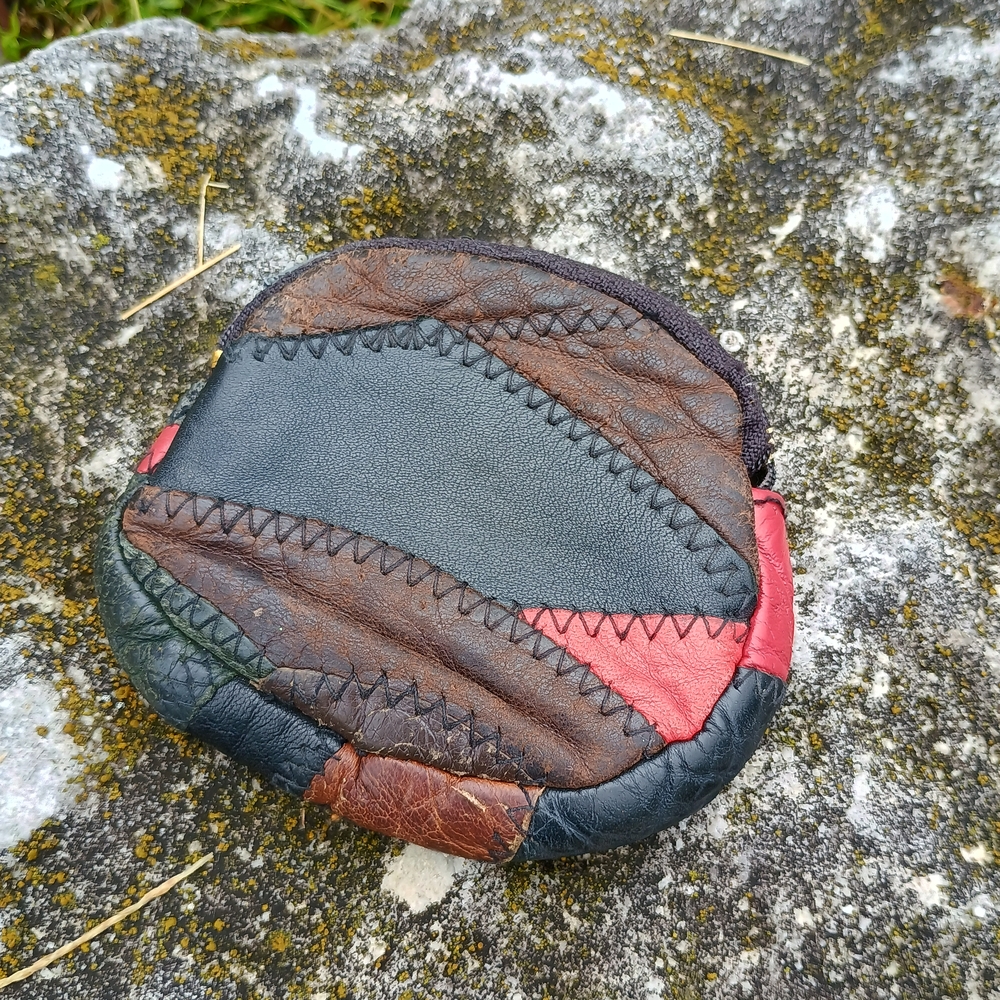 Vintage 1990s bohemian, leather patchwork coin purse, Fall Winter Fashion